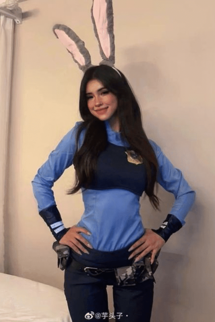 Judy Hopps Halloween costume with blue police uniform and tall bunny ears, inspired by Zootopia for a playful party look.