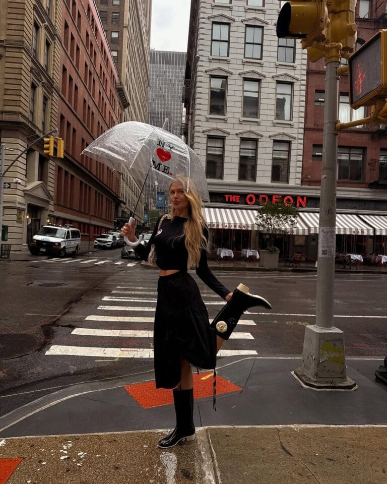 Woman in black cropped sweater, black midi skirt, black wellies, clear umbrella; stylish rainy day outfit.