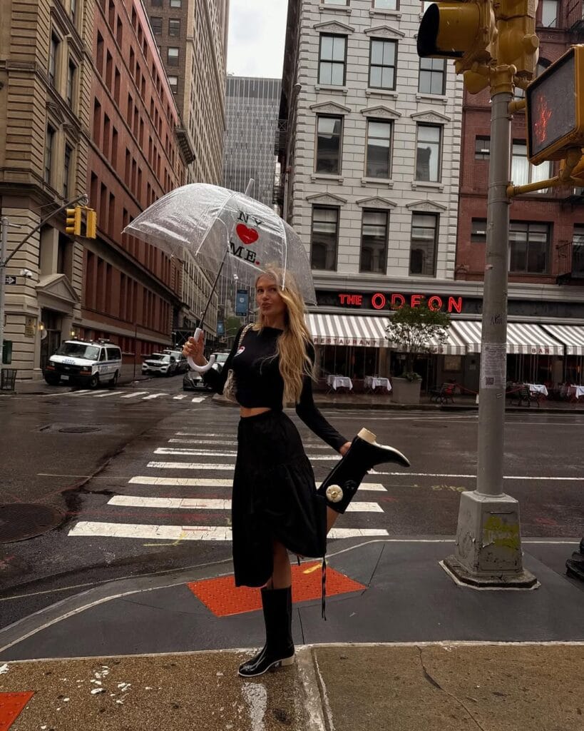 Woman in black cropped sweater, black midi skirt, black wellies, clear umbrella; stylish rainy day outfit.