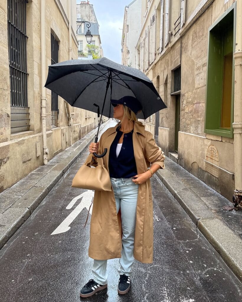 Woman in tan trench coat, navy cap, light jeans, sneakers, holding umbrella; classic Paris rainy day outfit.
