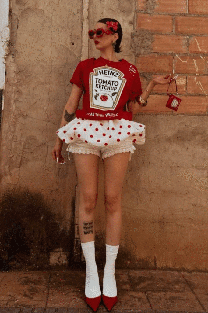 Ketchup Halloween costume with Heinz ketchup shirt, polka dot tutu, and red accessories—a quirky and fun Halloween party idea.