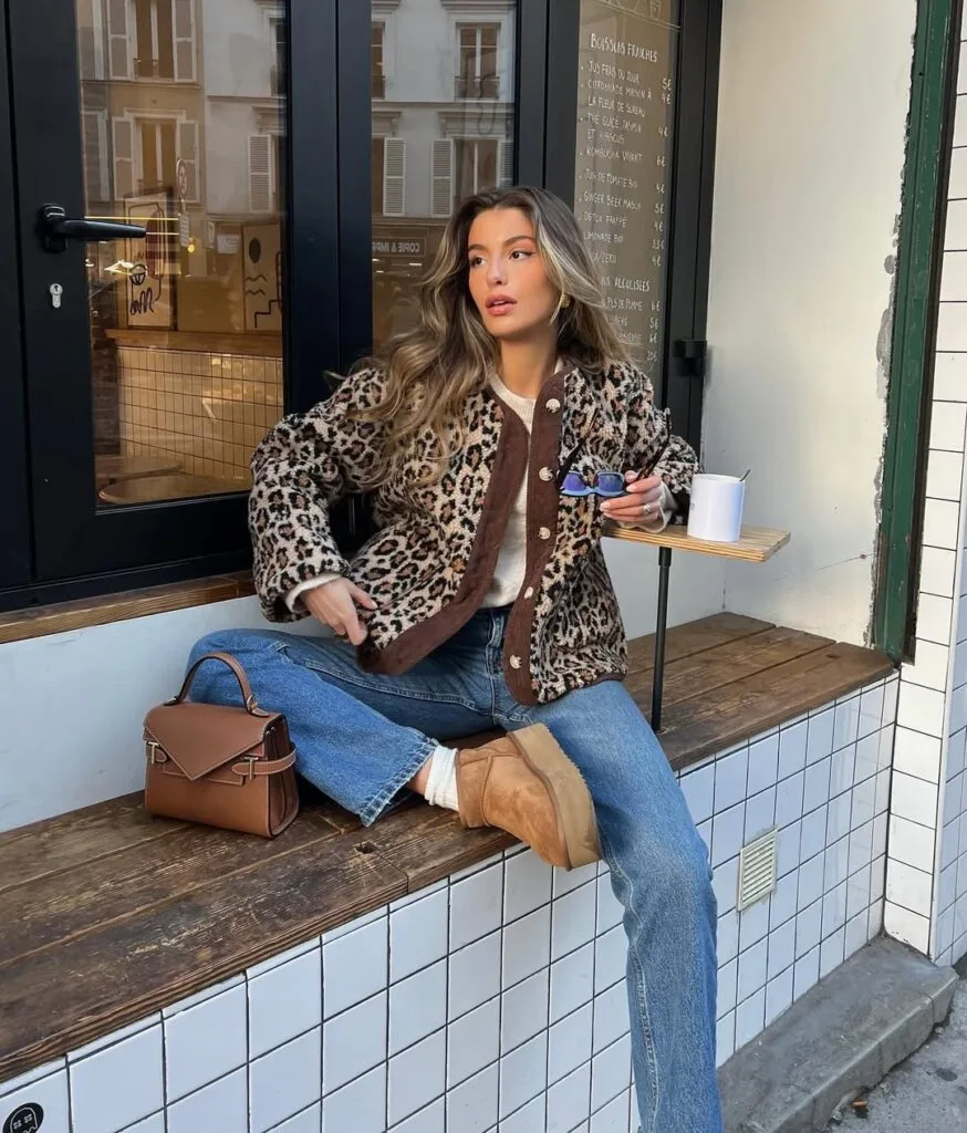 Woman in leopard print jacket, jeans, and Ugg boots with brown bag; statement Ugg outfit for fall.
