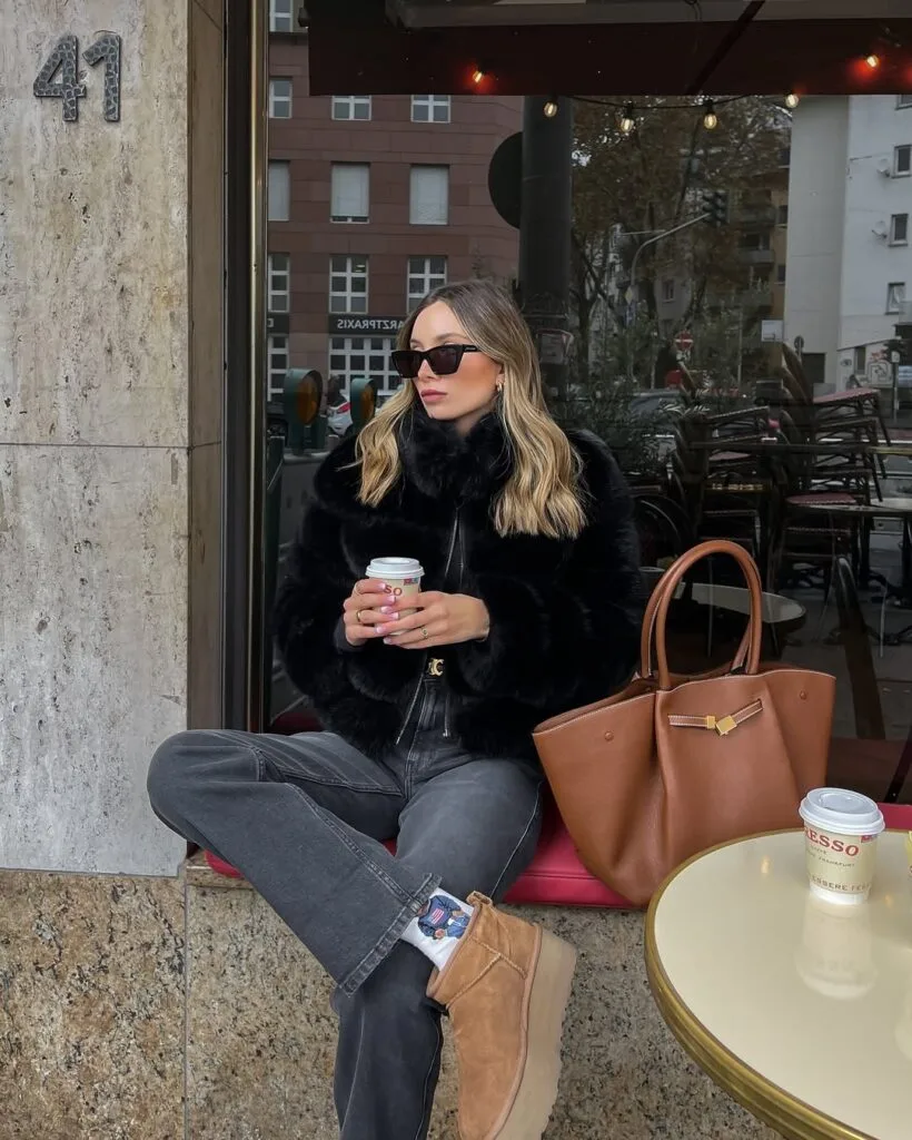 Woman in black faux fur jacket, grey jeans, and Ugg boots with tan bag, sitting outdoors; winter Ugg outfit.
