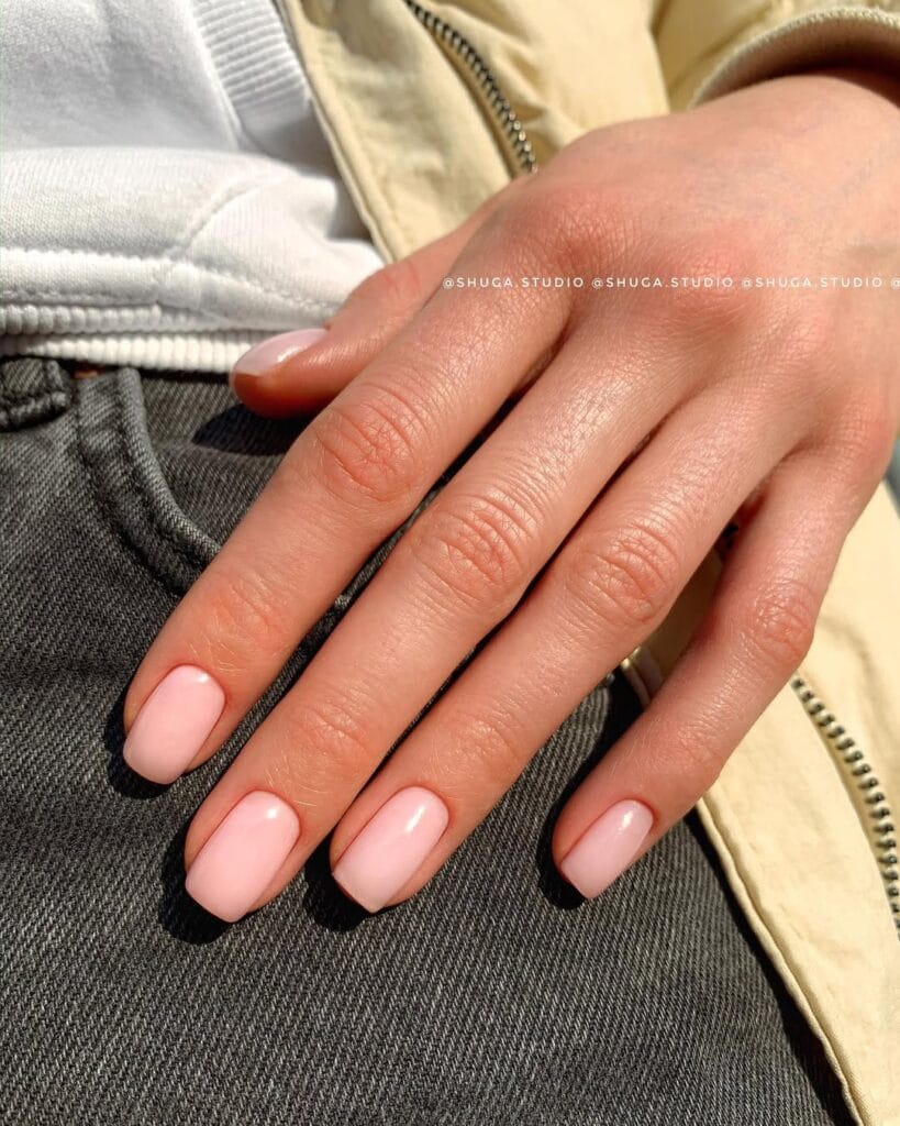 Sheer pink neutral nails, short square shape, natural soft manicure in daylight.
