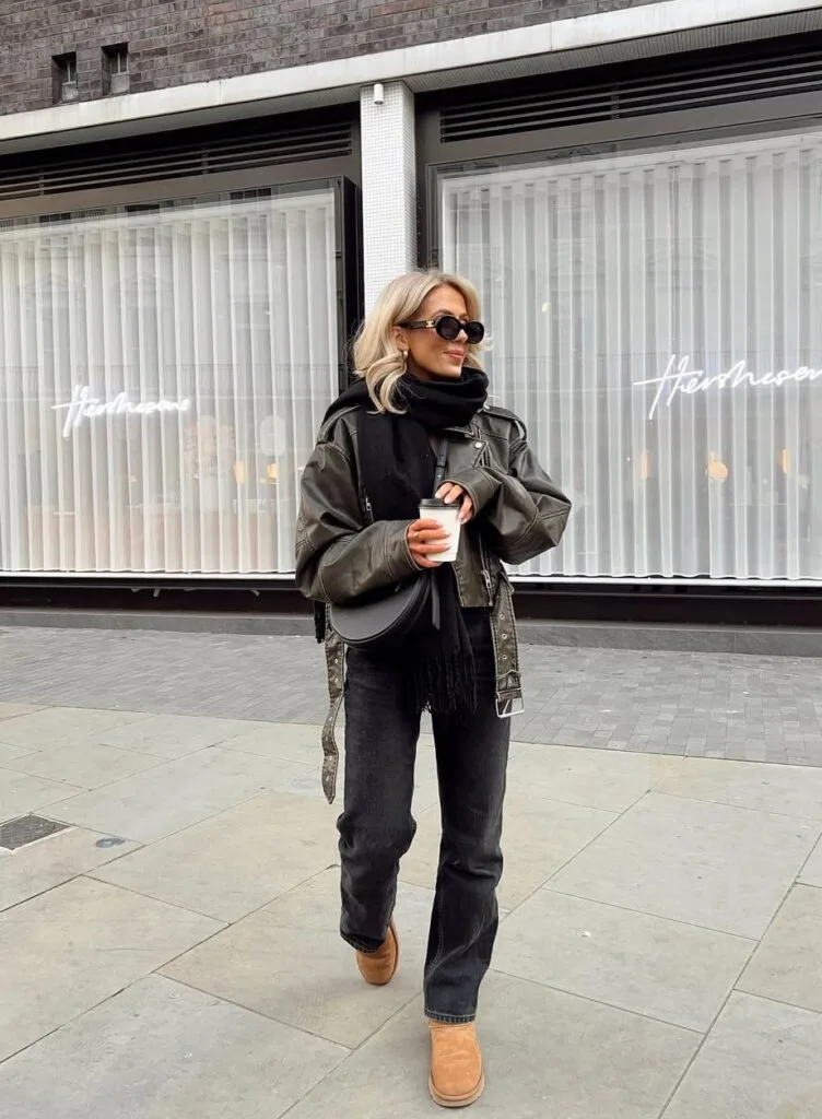 Woman in black leather jacket, scarf, dark jeans, and Ugg boots walking in city; edgy Ugg outfit for fall.
