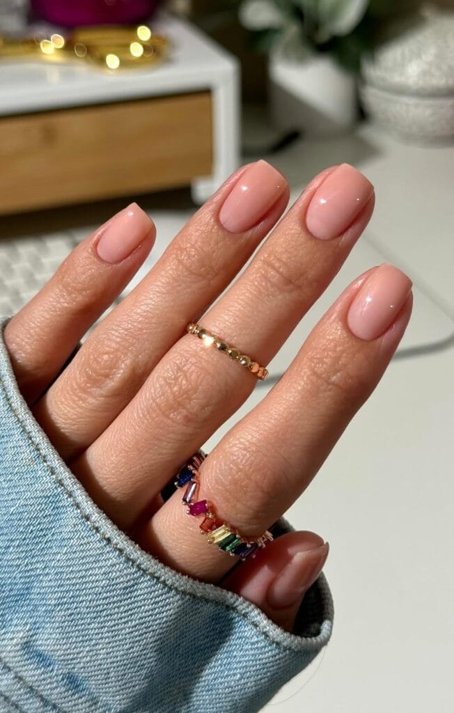 Soft coral pink neutral nails, glossy, sun-kissed effect with colorful rings.
