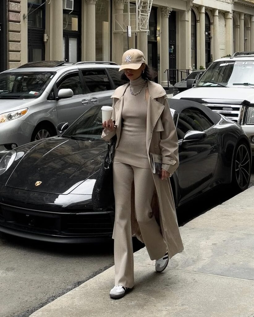 Woman in beige trench coat, knit matching set, baseball cap, sneakers, and silver jewelry walking in city.
